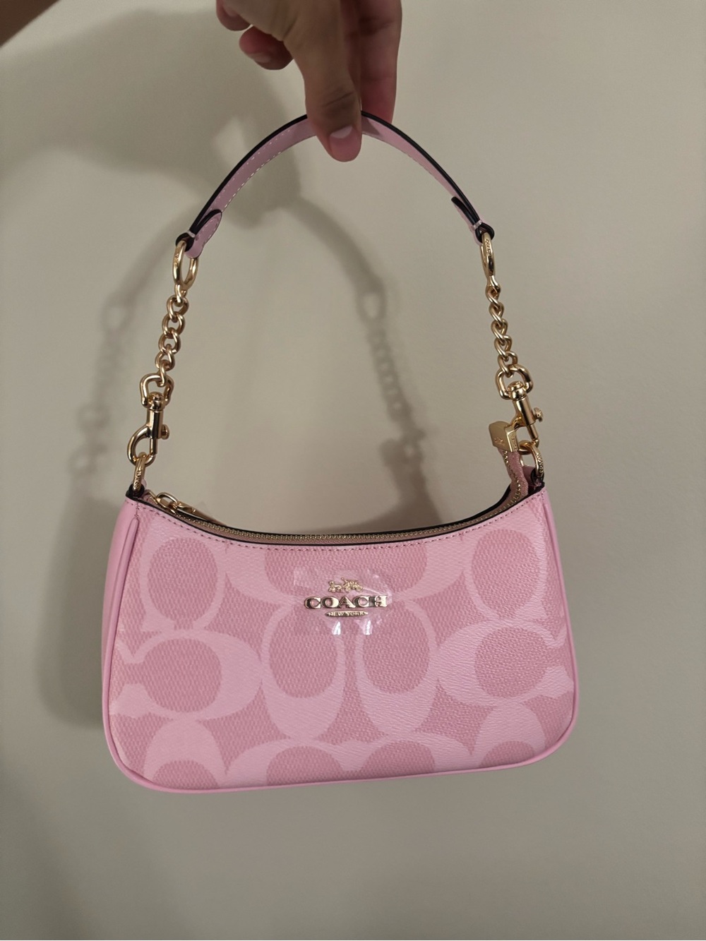 Coach Pink Signature Mini Shoulder Bag with Gold Chain